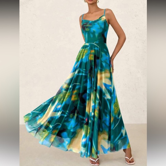 Elegant Green and Yellow  Floral Maxi Dress - Picture 1 of 5